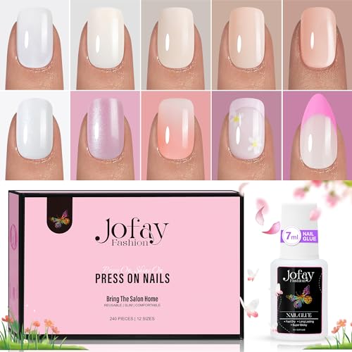 Jofay Short Solid Color Press On Acrylic Nail Kit 10 Pack with 7ml Glue