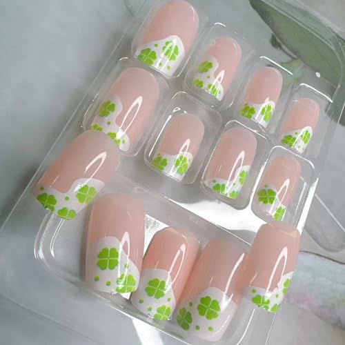 24 Piece St. Patrick's Day Nude Glossy French Tip Short Square Press On Nails with Shamrock Designs for Women. - Image 5