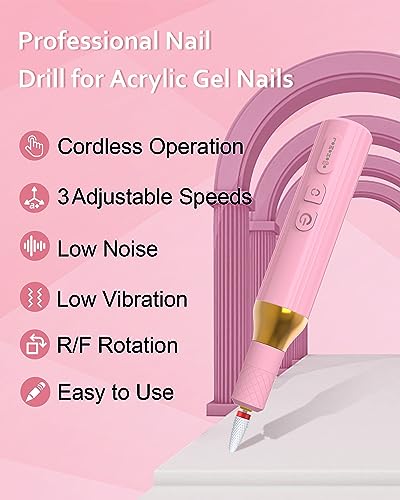 Electric Cordless Nail Drill Portable Nail Drill Machine for Gel Acrylic Nails, Rechargeable Nail File for Home Salon Electric Nail File Pink - Image 2