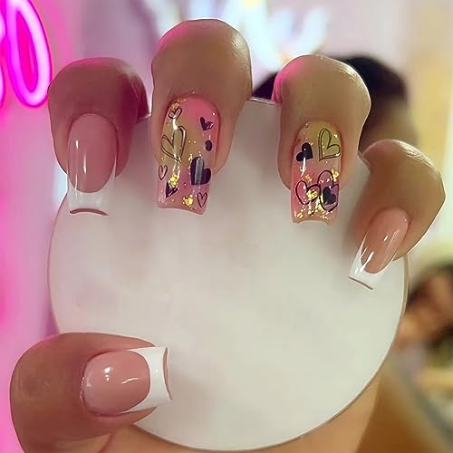 BABALAL Medium Square Press on Nails 24Pcs White French Tip Heart Acrylic Squoval