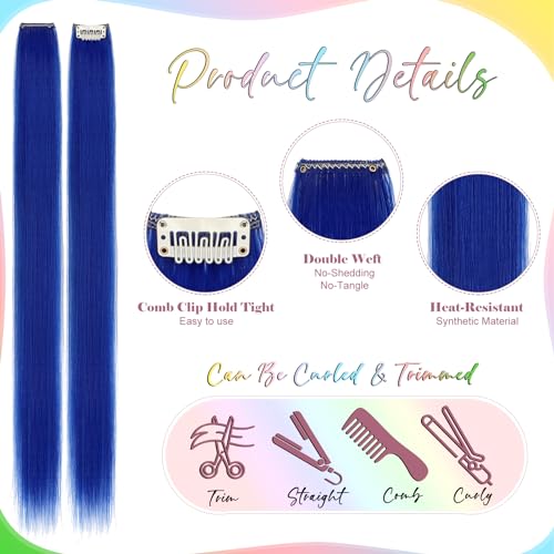 12 PCS Colored Blue Hair Extensions Clip in Hair Extensions Colorful 24 Inch Straight Synthetic Hairpiece Colored Hair Extensions for Kids Girls Women Party Highlights - Image 3