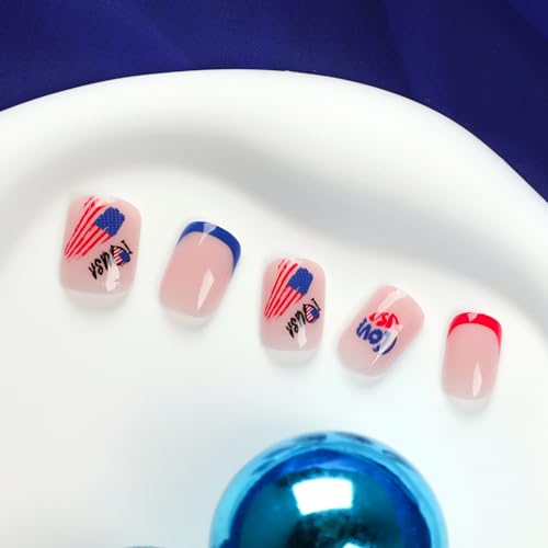 4th of July Press on Nails Short Square Glossy Fake Nails Independence Day Full Cover Stick on Nails with Red White Blue French Tips Design False Nails Artificial Nails Glue on Nails for Women 24Pcs - Image 6