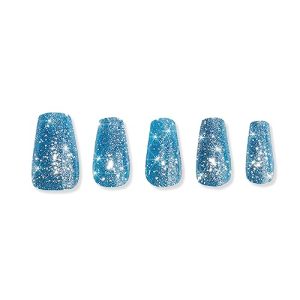 Press on Nails Aquamarine Long Lasting Medium Coffin Manicure Kit with 24 Nails and Accessories