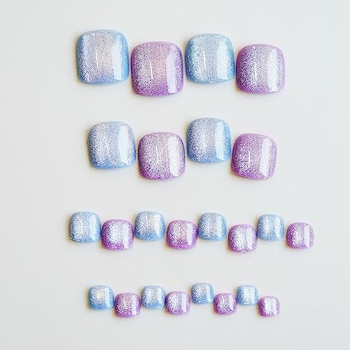 Holographic Cats Eyes Blue False Toe Nails,Grape Purple Shiny Diamond Glitter Design Press on Toenails,Ballet Lovely Short Square Toenails LANOVA FT-087 - Image 2