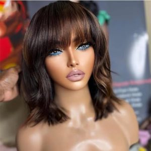Highlight 1b/30 Color Short Bob Wavy Human Hair Wig with Bangs 150% Density 10 Inch