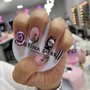 Halloween Fake Nails French Tip Press on Nails Cute Skull False Nails with Vortex Design Black and White Acrylic Nails Full Cover Stick on Nails Reusable Stick on Nails Jelly Press on Nails for Women