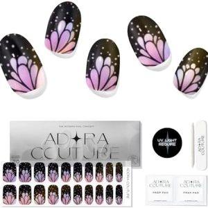 Semi Cured Gel Nail Strips | 20pcs Holo Black Butterfly Wings Gel Nail Stickers | Gel Nail Strips Kit for Women | Gel Nail Wraps with UV Light Required (Night Moth)