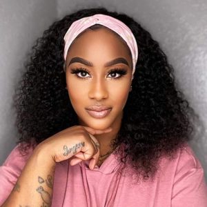 Human Hair Headband Wig None Lace Front Wigs for Black Women Kinky Curly Headband Wig 150% Density Human Hair Wigs Machine Made Wig Natural Color (Headband Wig, 16inch)