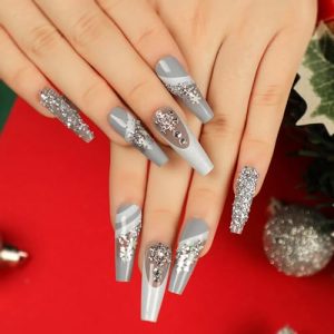Christmas Long Coffin Press On Nails with 3D Rhinestone Snowflake Design 24 Piece Set