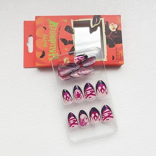 Medium Almond Halloween Press-On Nails Set Glitter Spider Cobweb Snake Designs - Image 6