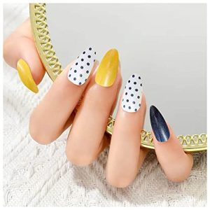 24 Pcs Press-On Nails for Women in Blue Spot and Yellow Design
