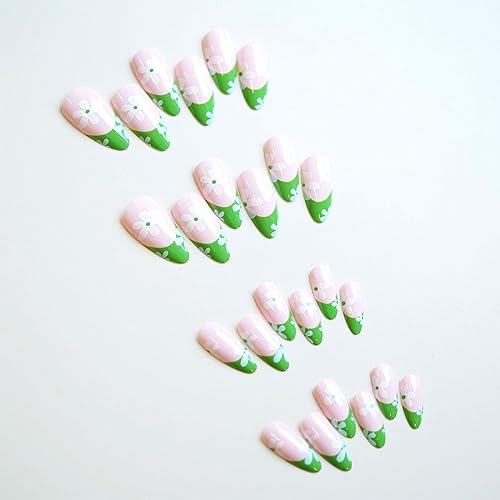 Almond Press On Nails Medium Cute Fake Nails with Glossy Flowers Leaf Design Green Pink Summer French Tip False Nails with Glue Full Cover Acrylic Nails - 24pcs - Image 4