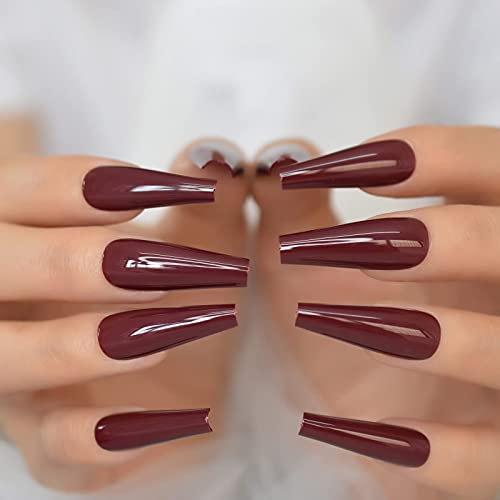 Salon Ultra Long Coffin Ballerina Display C Curved False Fake Nails Burgundy Dark Red No Glue Solid Color Artificial Painted Press On Nail Art - Image 2