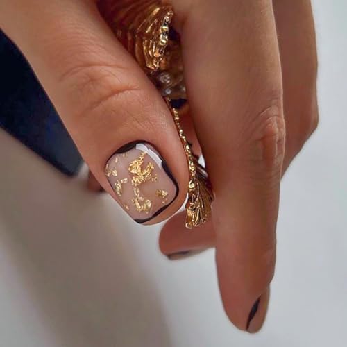 French Short Press on Nails Square JUKUPOA Acrylic Fake Nails Kit Nude False Nails with Gold Glitter Designs Full Cover Glossy Glue on Nails Stick on Nails for Women Girls 24Pcs - Image 2