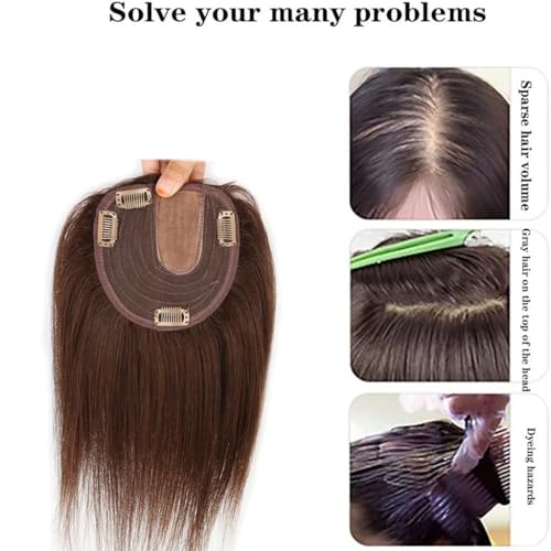 100% Real Human Hair Topper Toupee 120% Density Natural Brown Top Hair Pieces Silk Base Clip In Crown Toppers,Straight Wiglets Side Parting Hairpieces For Ladies Gift (Size : 30cm) - Image 2