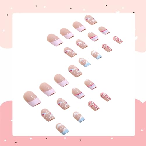 24Pcs Valentine’s Day French Tip Press on Nails Short Square Shaped Fake Nails with Rainbow Color Designs False Nails Lovely Clouds Full Cover Nails Press on Reusable Stick on Nails for Women Girls - Image 4