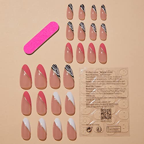 Pink Acrylic Press on Nails Almond Fake Nails Colorful with Swirl and Gold Foil Designs False Nails Cute Artificial Glue on Nails French Tip Stick on Nails for Summer Women and Girls 24pcs - Image 4