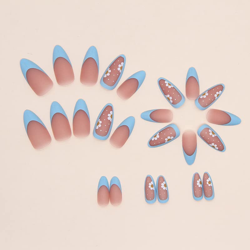 24 Pcs Pink Press on Nails Medium Length Almond Shaped False Nails White Flower Glue on Nails Yellow Designs sun frosted Acrylic Full Cover for Women Girls French Nail Art Decorations - Image 4