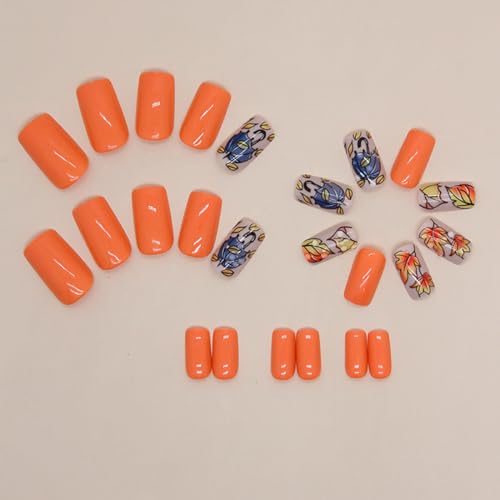 24Pcs Fall Maple Leaf Press on Nails Medium Coffin Fake Nails Maple Leaves Acrylic Glue on Nails Full Cover Orange Autumn Square False Nails Thanksgiving Stick on Nails for Women Holiday Manicure - Image 5