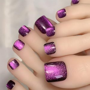 Press on Toenails Cat Eye Fake Toe Nails Purple False Toenails Glossy Full Cover Acrylic Toenails with Design Glitter Toe Press on Nails Toe Nail Press ons for Women Manicure 24Pcs