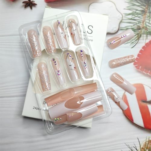 24 Piece Long Square Christmas Reindeer Rhinestone French Tip Acrylic Fake Nails Glitter Snowflake Xmas Set - Image 3