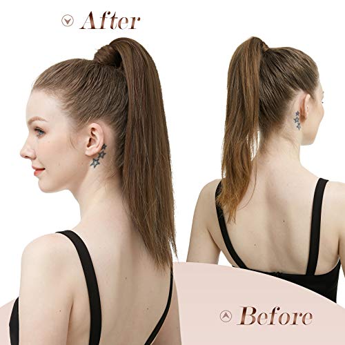 FESHFEN Straight Ponytail Extension 14 inch Natural Long Ponytails Wrap Around Clip in Pony Tail Hair Piece Synthetic Hairpieces for Women Girls, Natural Black - Image 7