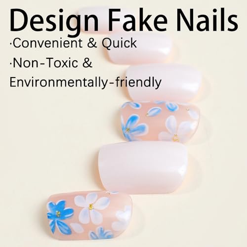 Blue Flower Press on Nails Short Square Fake Nails Full Cover Spring Summer White Acrylic Nails False Nails Glossy Reusable Gel Glue on Nails Simple Nature Stick on Nails for Women Girls Holiday - Image 3