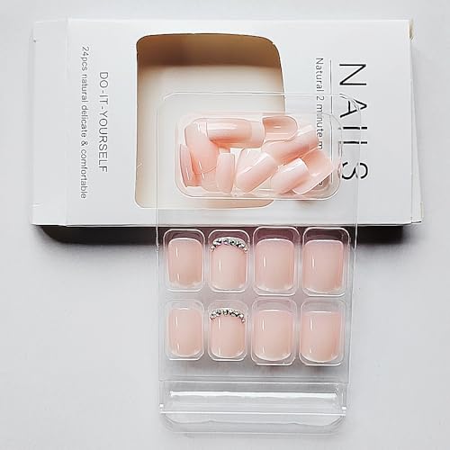 24 Pcs/Set Ombre Pink Press on Nails Short Square - SHANRUN Spring Rhinestones Fake Nails French Glossy Gel X Nail Tips Full Cover Acrylic Nails Press ons with Nail File Stick Jelly Glue on Nails Kit - Image 4