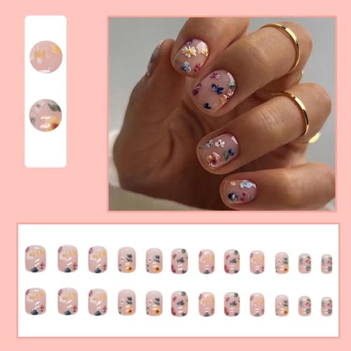 24 Piece Short Square Spring Nude Pink Press On Nails with Flower Design Manicure Set - Image 2