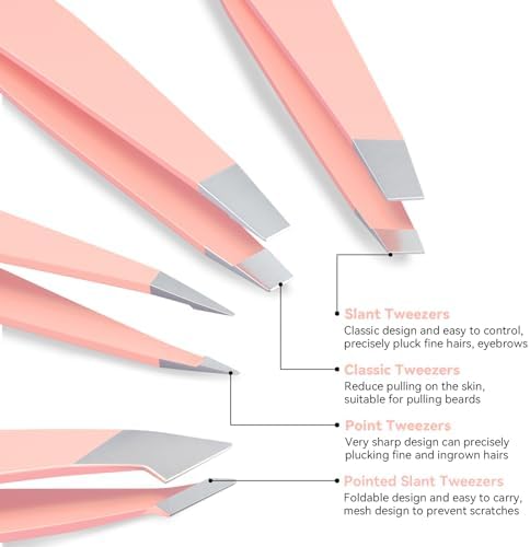 4 Pack Tweezers Set - Professional Stainless Steel Tweezers for Men and Women, Precision Eyebrow Tweezers for Facial Hair, Chin, and Ingrown Hair Removal (Pink) - Image 3