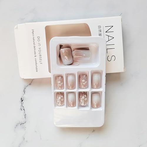 White Press on Nails Medium Square - Valentine's Day Fake Nails White Ombre False Nails Press ons With Cute Flowers Designs Nail Tips Full Cover Acrylic Glue on Nails for Women DIY 24Pcs - Image 4