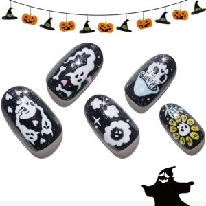 GLAMERMAID Press on Nails Short Oval for Halloween, Black Skull Fake Nails Gel with Bones Design Medium Almond Glue on Nails for Women, Glitter Acrylic Matte False Nail Kits Round Stick on Emo Nails