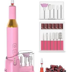 Electric Cordless Nail Drill Portable Nail Drill Machine for Gel Acrylic Nails, Rechargeable Nail File for Home Salon Electric Nail File Pink