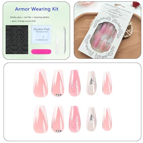 Valentines Press on Nails Medium Silver Glitter Heart Coffin Fake Nails White French Tip Pink Sequins Acrylic Nails Press ons Cute Valentine's Day Stick Glue on Nails for Women Girls 24 Pcs - Image 6