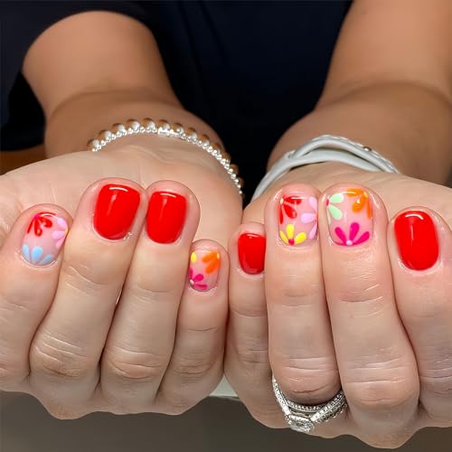 Flower Press on Nails Short Square Spring Summer Fake Nails, Colorful Daisy Acrylic Nails Kits, Red Nude Glossy Gel False Nails Stick Glue on Nails Tip Manicure 24Pcs