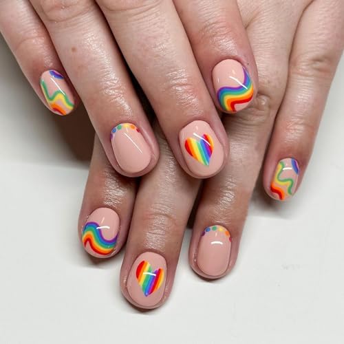 24Pcs Valentine Day Press on Nails Short Square Fake Nails Rainbow Stripes Hearts Colorful Glue on Nails Petite Reusable Acrylic Nails for Women Girls Gay Valentines False Nails