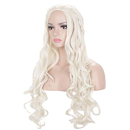 morvally Daenerys Dragon Queen Cosplay Wig for Khaleesi Long Curly Wavy Braids Hair Wigs for Women Costume Halloween Party(Light Blonde) - Image 3