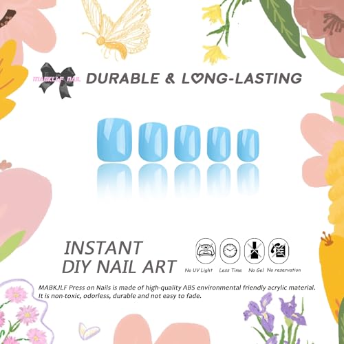 Sky Blue Press on Nails Short Square MABKJLF Petite Fake Nails Full Cover Blue Solid Color False Nails with Nail Glue Glossy Stick on Nails Acrylic Manicure Artificial Nails for Women Girls 24Pcs - Image 2