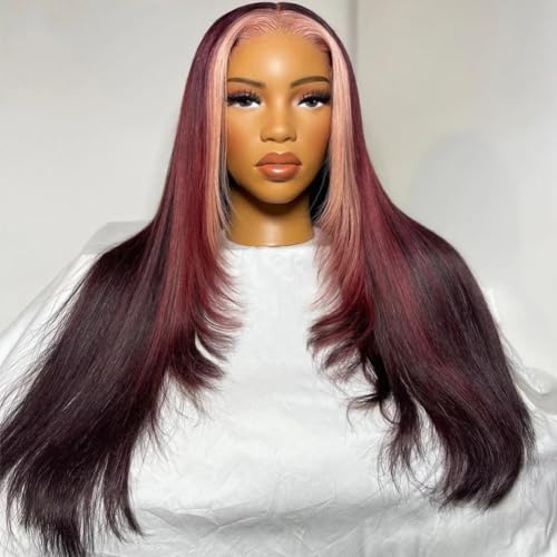 Highlight Ombre Human Hair Wigs Pink Skunk Stripe Wig Human Hair 99J Red Colored 4x4 Lace Closure Wig Straight Texture Transparent HD Pre Plucked (18 Inch) - Image 2