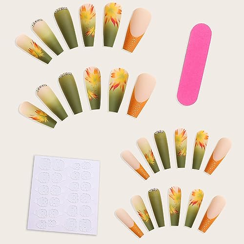 Fall Thanksgiving Press on Nails Long Square Artificial Acrylic Fake Nails with Maple Leaf Rhinestones Design Full Cover Reusable Glossy French False Nails Women DIY Glue on Nails Manicure for Set - Image 5