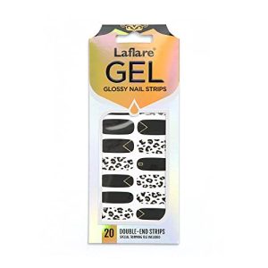Gel Glossy Nail Strips, Self Adhesive Gel Nail Art Decals Polish Stickers with 20 Pcs Double-End Strips Glitter False Nails Including Trimming File (R45735 - Black See Through Leopard)