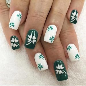 St Patrick's Day Medium Square Glossy Press On Nails with Clover Designs 24 Pcs