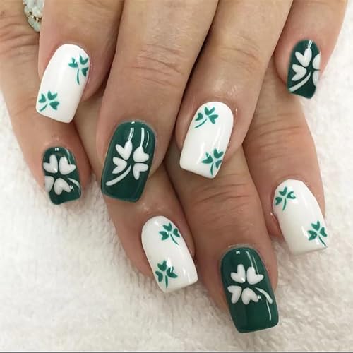 St Patrick's Day Medium Square Glossy Press On Nails with Clover Designs 24 Pcs