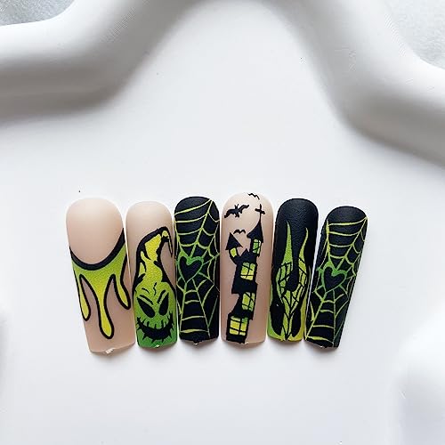 Long Fake Nails, Halloween Press on Nails Square Acrylic Nails Matte False Nails French Press on Nails with Ghost Castle Spider Web Flames Designs Yellow Green Gradient Stick on Nails for Women Girls - Image 4