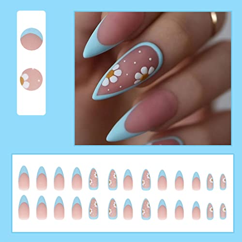 24 Pcs Pink Press on Nails Medium Length Almond Shaped False Nails White Flower Glue on Nails Yellow Designs sun frosted Acrylic Full Cover for Women Girls French Nail Art Decorations - Image 2