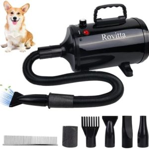High Velocity Dog Dryer for Large Dogs, Adjustable Speed and Temperature, 4 Nozzles, Brush Included