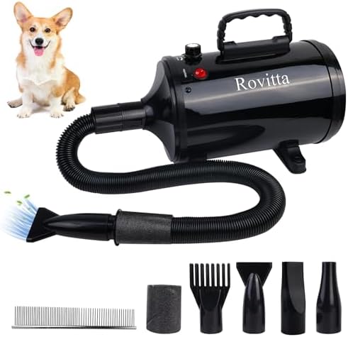 High Velocity Dog Dryer for Large Dogs, Adjustable Speed and Temperature, 4 Nozzles, Brush Included