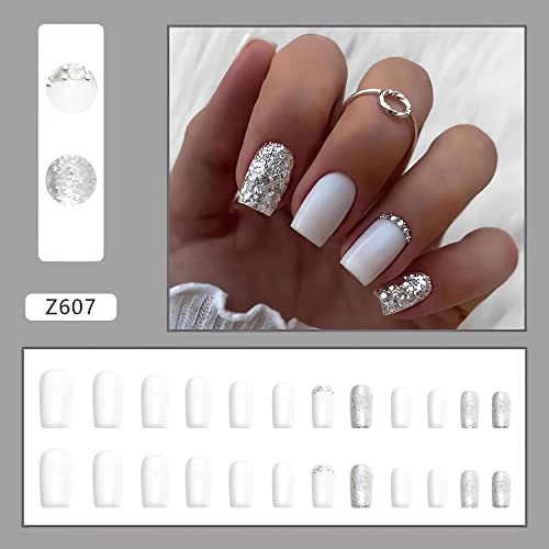 24Pcs White Square Press on Nails Medium Fake Nails with Silver Glitter Designs Glossy Full Cover Acrylic False Nails with Rhinestones Reusable Glue on Nails Cute Artificial Nails for Women Girls - Image 2
