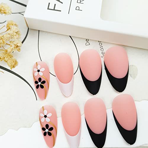 Flowers Press on Nails Medium Almond Fake Nails French Goldline Black White Floral False Nails Acrylic Petals Design Accessories Supplies for Home Manicure Salon Decoration DIY for Women 24PCS - Image 7