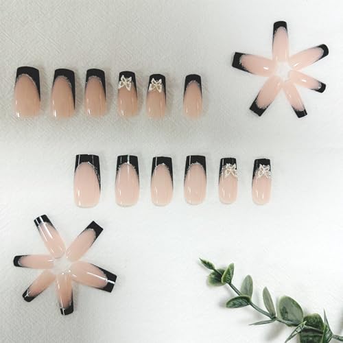 Square Medium Length Press On Nails Black French Tip Butterfly Design 24 Count - Image 4